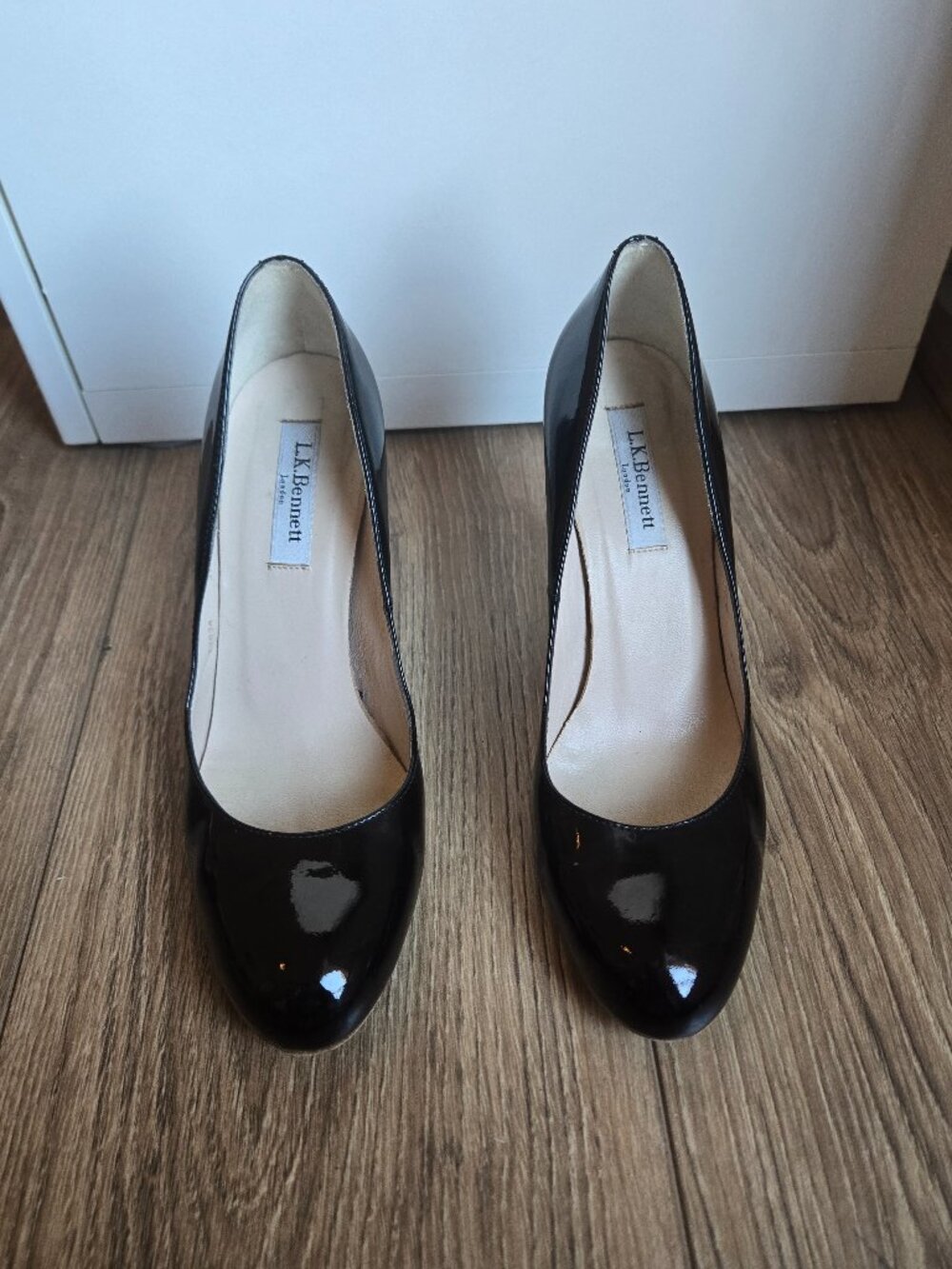 L.K. Bennett Maddox black patent leather espadrille wedge heels